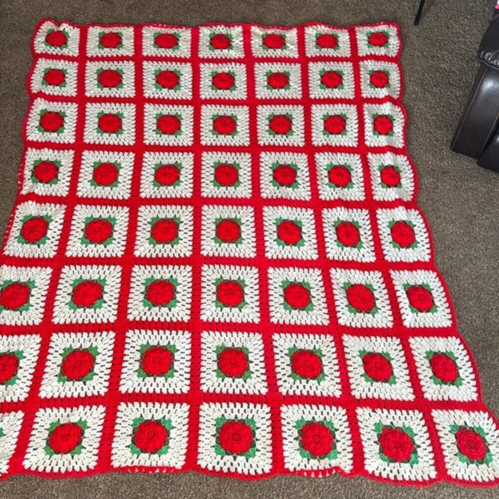 Hand Knitted Blanket 88” x 70” Red Roses Red and White